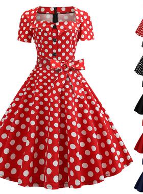 w6002亚马逊女装赫本方领短袖本色腰带束腰大摆波点50s复古连衣裙