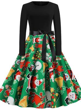 C5518 跨境圣诞节新款外贸大码复古女装圆领长袖印花大摆连衣裙