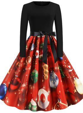 L9130 圣诞节货源赫本复古女装秋冬季圆领长袖定位印花大摆连衣裙