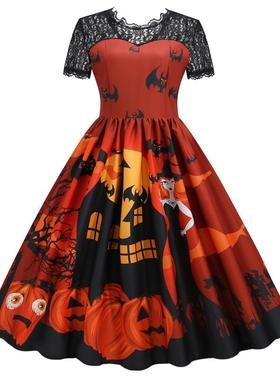 L9565跨境货源蕾丝短袖赫本风复古印花大摆裙现货