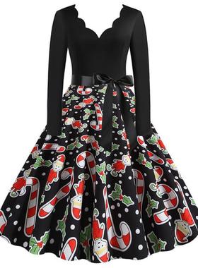 L9360 圣诞节货源赫本复古女装秋冬季烧花V领长袖印花大摆连衣裙