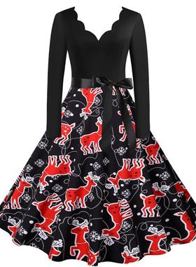 L9367圣诞节货源赫本复古女装秋冬季烧花V领长袖印花大摆连衣裙