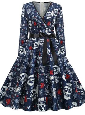 Z1194跨境货源赫本风复古裙V领长袖收腰印花大摆裙