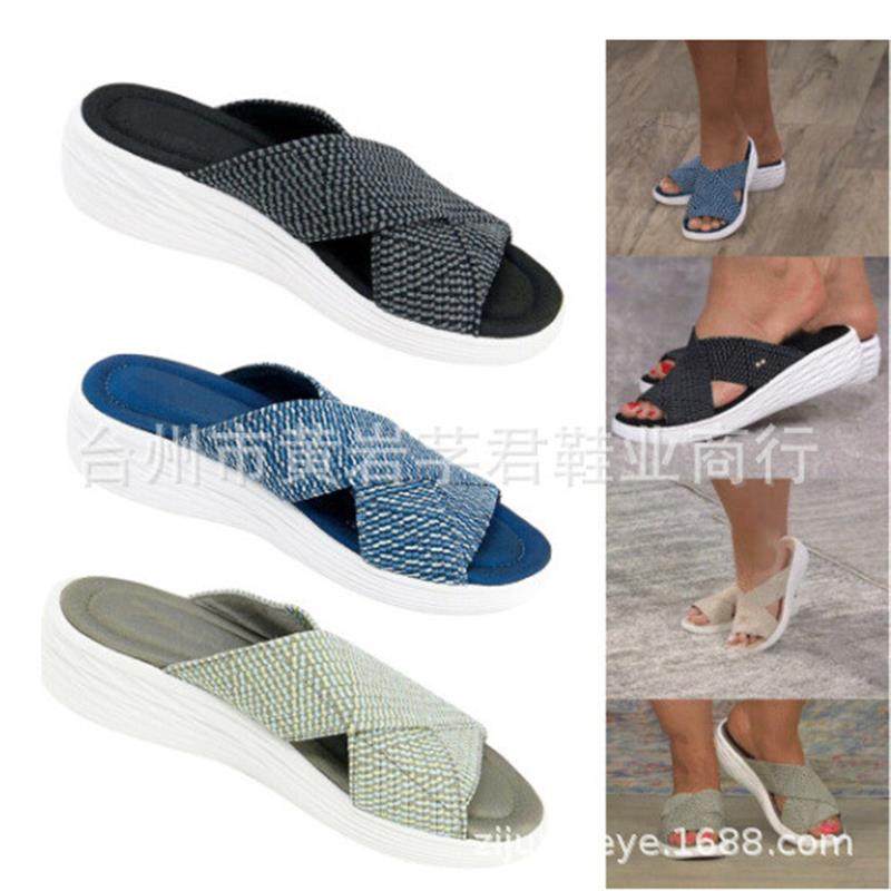 大码外贸2021夏季新款平底坡跟鱼嘴飞织交叉凉拖女wish亚马逊跨境,女鞋,一字拖,淘宝优惠券,粉丝福利购,淘宝优惠卷