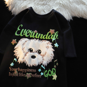 （重工艺）设计感小狗植绒刺绣宽松情侣短袖T恤 1015-T468-P55，男装T恤，四季星座1015