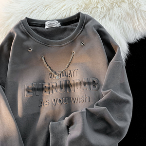 美式復(fù)古寬松oversize重工壓印噴繪字母圓領(lǐng)情侶裝衛(wèi)衣 WY231-P75圖片