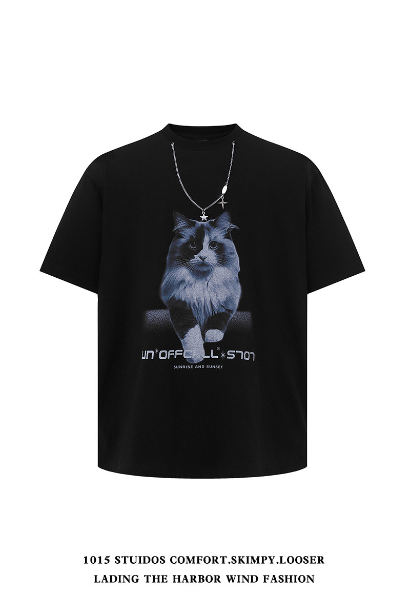260克双纱纯棉猫咪印花短袖t恤男2025新款情侣体恤1015-T500-P50,男装T恤,四季星座1015