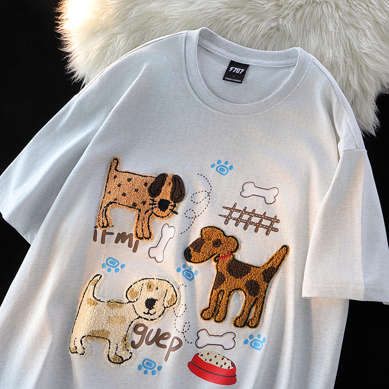 （260克双纱）美式趣味小狗刺绣潮牌情侣短袖t恤1015-T480-P50，男装T恤，四季星座1015