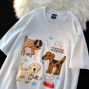 （260克双纱）美式趣味小狗刺绣潮牌情侣短袖t恤 1015-T480-P50,男装T恤,四季星座1015