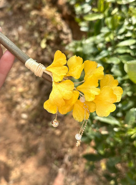 绒花蚕丝银杏檀木发簪手工制作发饰发簪