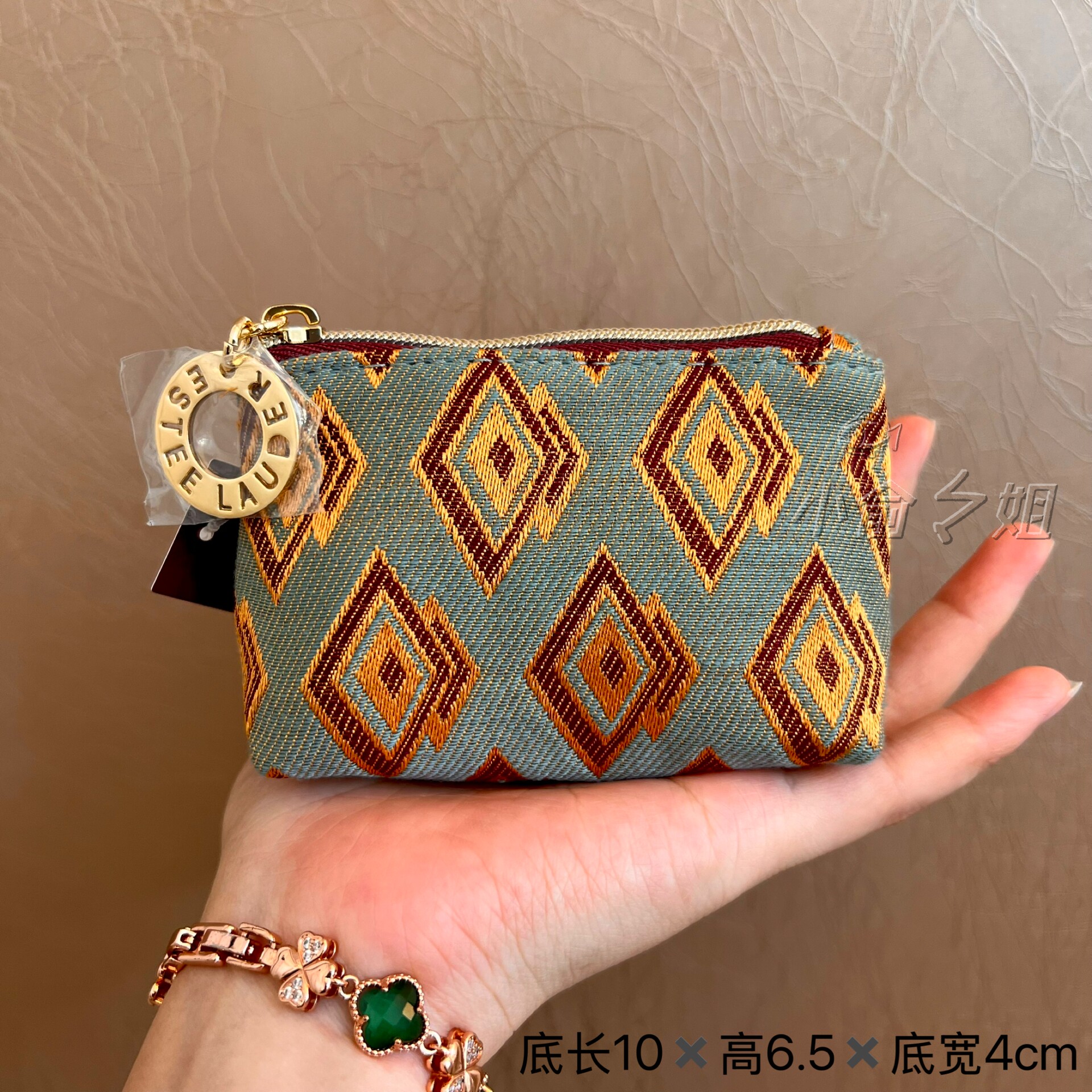 雅诗兰黛绿色菱形图案帆布迷你小巧便携收纳包化妆包复古绿菱格图片