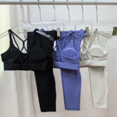 扭结美背带胸垫瑜伽背心健身衣服套装 两件套 女高腰收腹跑步训练裤