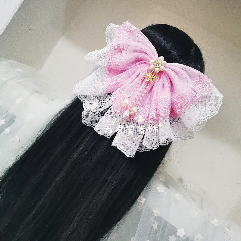 甜美蕾丝超大蝴蝶结发夹Lolita花嫁新娘头饰古风汉服后压仙公主风