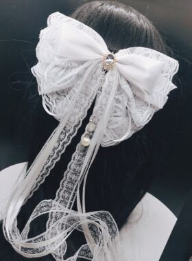 白色甜美蕾丝长飘带古风汉服发饰珍珠流苏中国风发夹超仙
