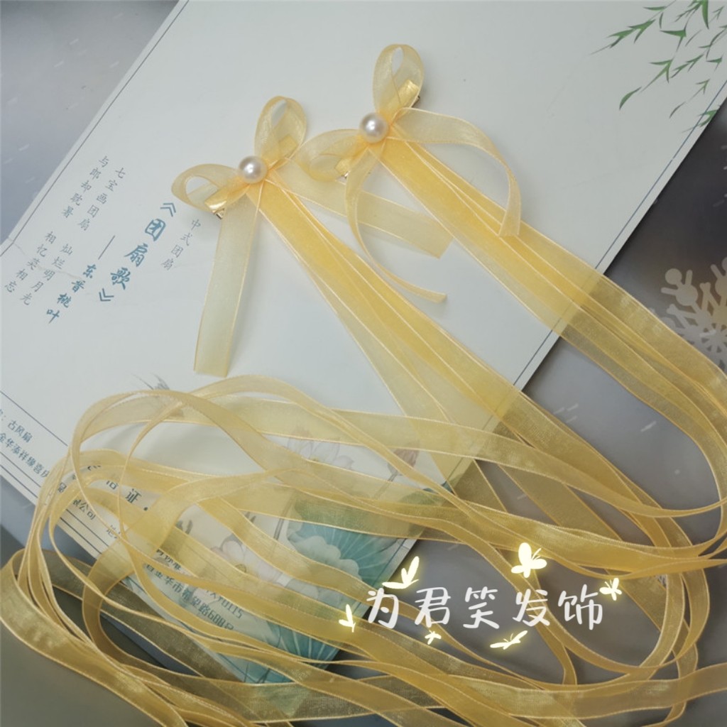 春夏长飘带对夹发卡女童蝴蝶结头饰网红编发飘带丝带发夹古风配饰