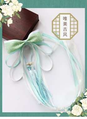 中国风青花瓷飘带女童古装汉服古筝演出发饰蝴蝶结流苏超仙配饰