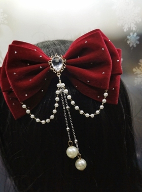 新年珍珠流苏蝴蝶结发饰发夹头饰公主超仙发卡后脑勺发饰水钻顶夹