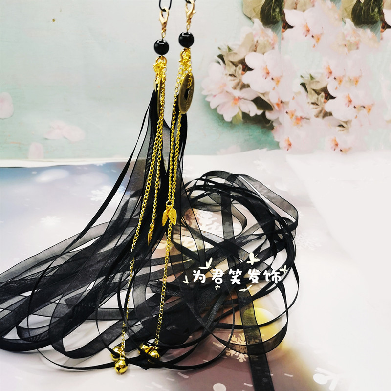 手作汉服飘带发簪古风发饰薄纱缎带流苏发钗簪招财进宝铜钱后压