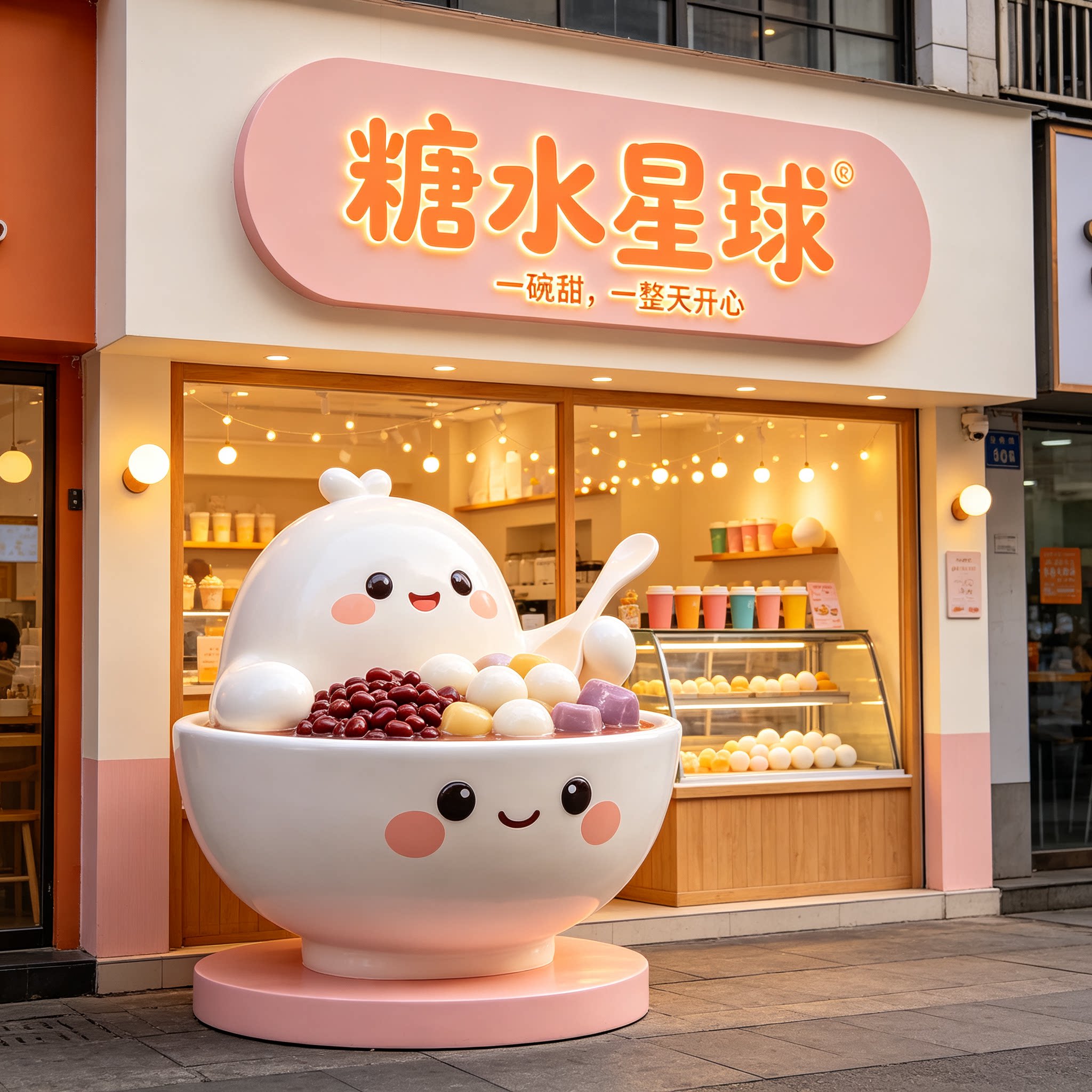 玻璃钢卡通糖水铺门头雕塑定制商业街商场引流摆件彩绘IP小品厂家
