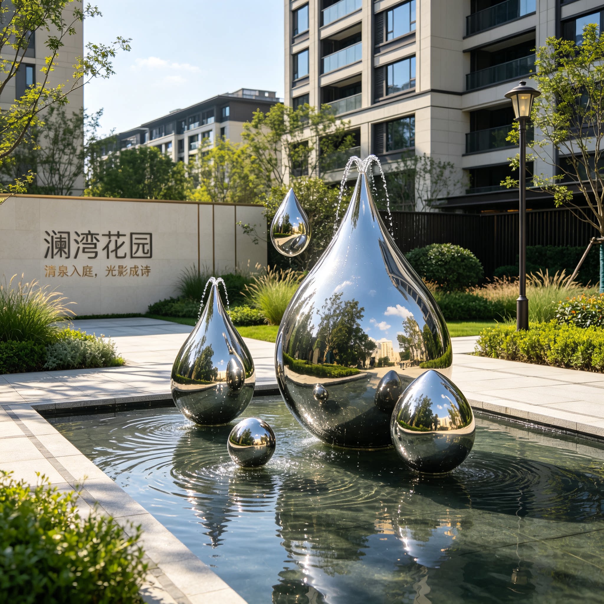 不锈钢水景雕塑定制厂家户外抽象异形镜面水滴金属摆件酒店景观
