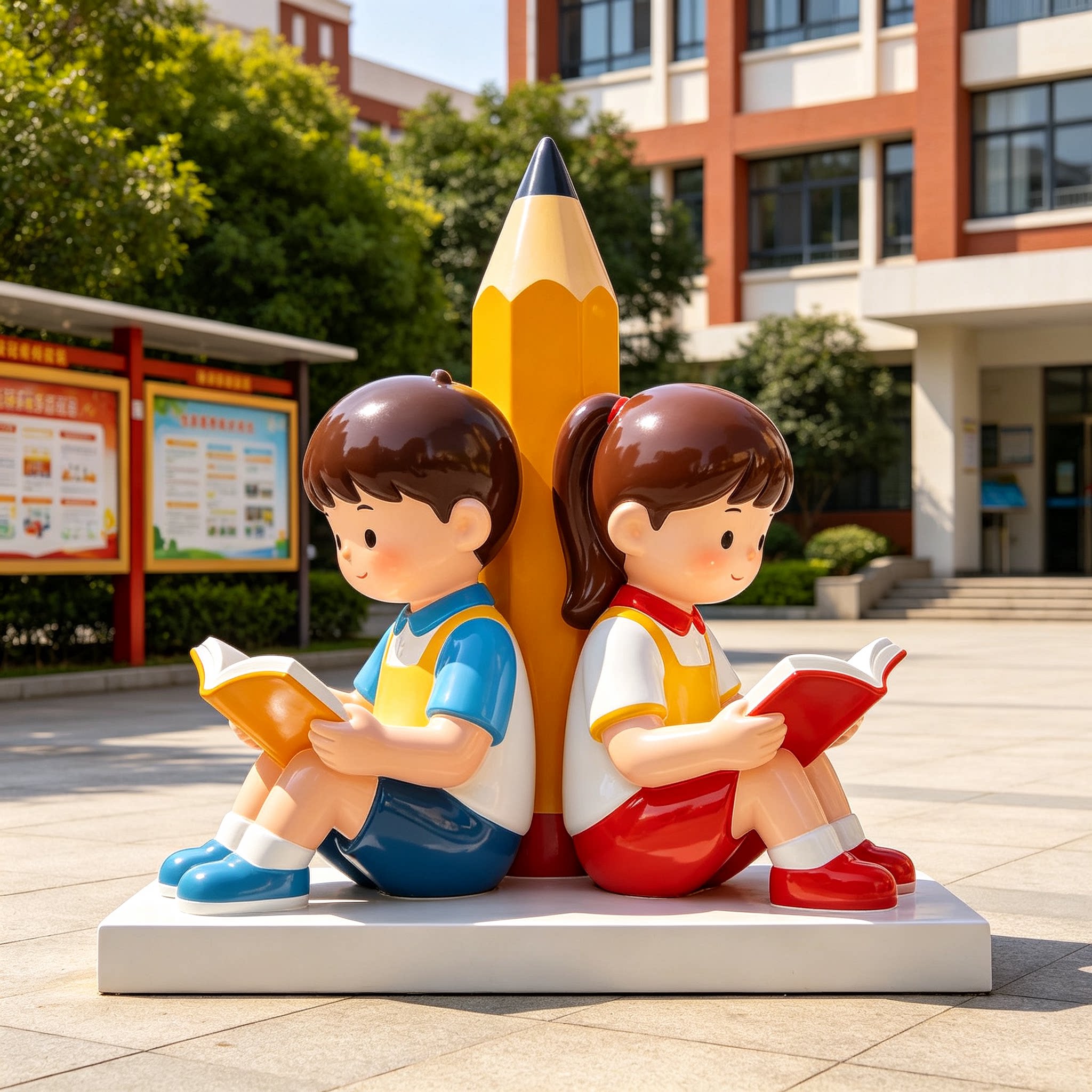 校园主题读书小孩雕塑定制幼儿园玻璃钢卡通彩绘看书摆件加工厂