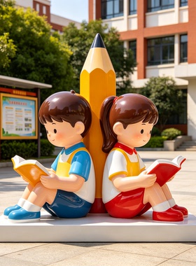校园主题读书小孩雕塑定制幼儿园玻璃钢卡通彩绘看书摆件加工厂