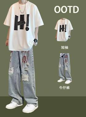 夏季短袖t恤男生套装潮流