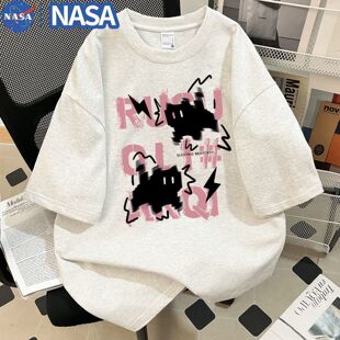 NASA美式复古纯棉短袖t恤宽松显瘦洋气设计感遮肉猫咪学院风上衣
