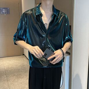 夏季高级感痞帅短袖衬衫男2026新款潮牌夜场垂感宽松七分袖衬衣男
