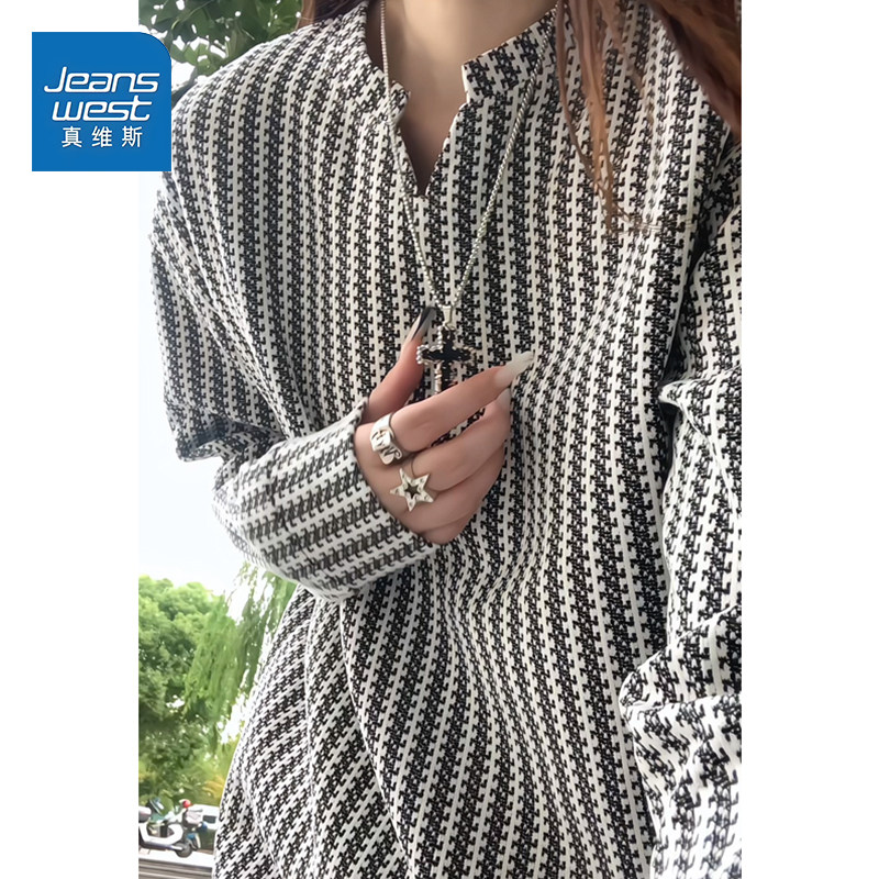 真维斯小香风v领长袖t恤女秋季鱼骨纹打底衫松弛感宽松情侣上衣潮