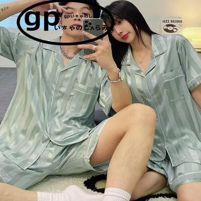 日本gp情侣睡衣女冰丝短袖条纹男