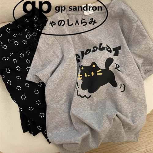 日本gp可爱猫咪纯棉T恤睡衣女