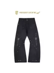 【 Zhang Junhao/Wang Qiming Same Style 】 RGZ racing embroidery rivet deconstruction curved knife original cow pants