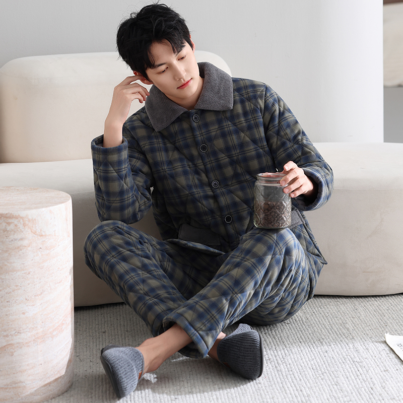 俞兆林男款冬季睡衣两件套装纯棉冬款三层加厚夹棉袄中年男士保暖