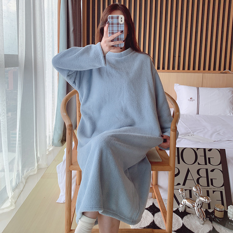 半边绒睡裙女睡衣秋冬长款加厚保暖可外穿家居裙女款冬季