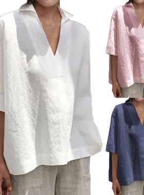 Loose casual lapel solid shirt宽松休闲翻领五分袖纯色女士衬衫