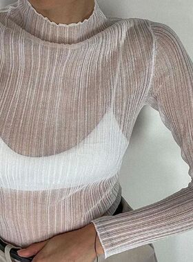 纯色高领修身透视上衣女 Solid color slim fit long sleeved top
