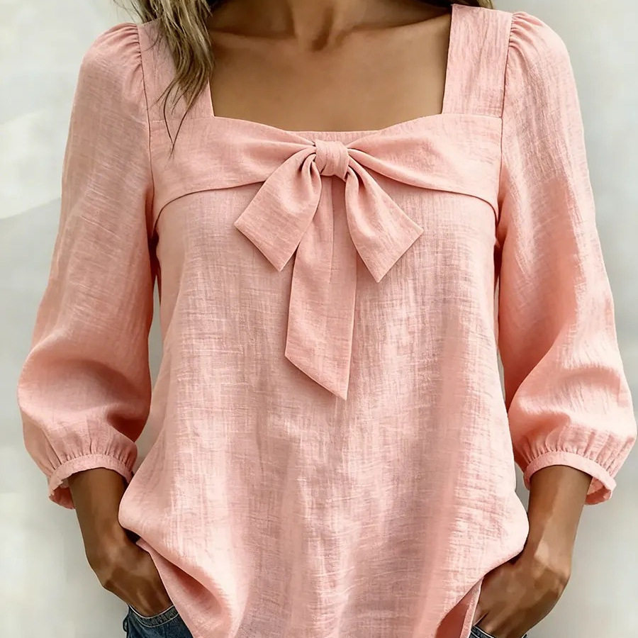 蝴蝶结方领女衬衫Bow tie square collar pullover women's shirt