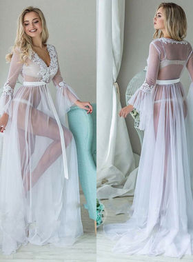 profundo pétalo manga piso-alargar vestidos Bikini cubre-up