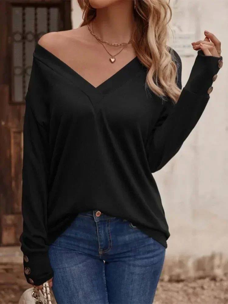 Solid V-neck Loose Long sleeved T-shirt 女纯色V领宽松长袖T恤