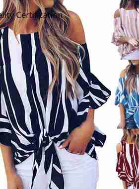 Stripe Tops Short Sleeve O-Neck Summer Casual Blouse