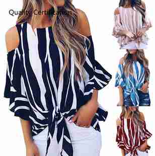Sleeve Blouse Stripe Short Summer Casual Neck Tops