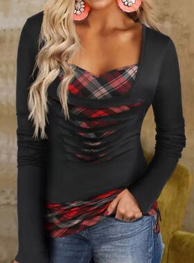 Printed fake two-piece long sleeved top 女印花假二件长袖上衣