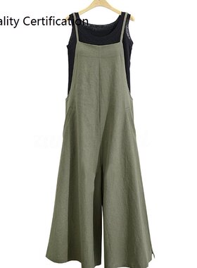 Wide Leg Pants Pockets Loose Bib Cotton Linen Jumpsuits