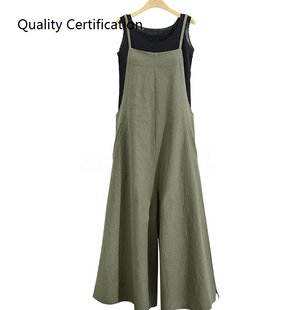 Pockets Jumpsuits Wide Pants Cotton Linen Bib Leg Loose