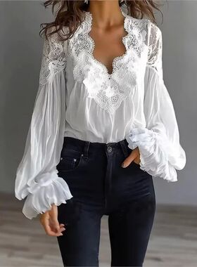 蕾丝拼接泡泡袖压褶衬衫Lace patchwork bubble sleeve shirt