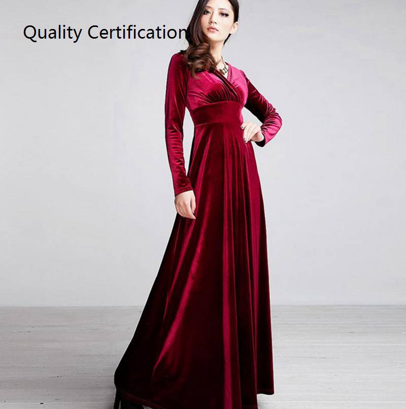 Long Sleeve V-neck Mopping Gold Velvet Dress 383