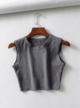 Solid casual round neck short tank top纯色休闲圆领短款小背心