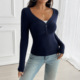 button 纽扣V领长袖 long Slim top纯色修身 neck sleeved 上衣女