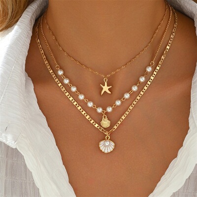 Summer Sea Star Shell Pearl Multi-Layer Necklace for Women女
